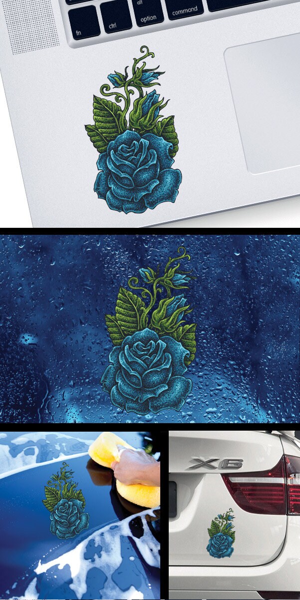 Decal Sticker Blue Rose Flower Tattoo Style Complex Design Traditional ...