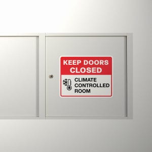 Keep Doors Close Sticker klimaatgecontroleerde ruimte – duurzame vinylveiligheidssticker voor werkplekken, laboratoria en gecontroleerde omgevingen X8758