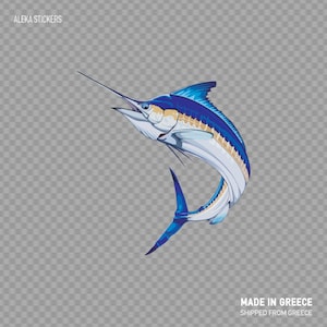 Può includere: Un adesivo di pesce marlin blu e bianco. Il marlin sta saltando fuori dall'acqua con la bocca aperta. L'adesivo è perfetto per aggiungere un tocco di stile nautico alla tua casa o al tuo ufficio.