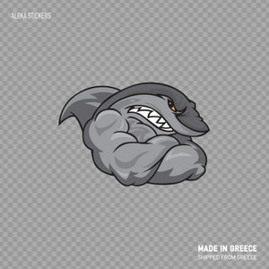 Sticker autocollant requin fort Muscles Body building en colère agression Hangry gris Cartoon ZZ77X