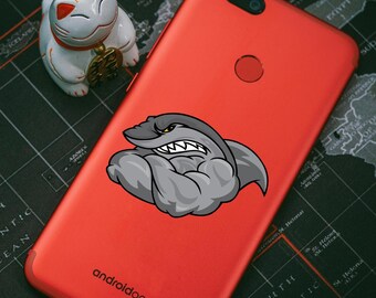 Muscular Bodybuilder Shark Vinyl Sticker – Bold Cartoon Shark Decal for Cars, Laptops, and Water Bottles, Durable & Waterproof ZZ772