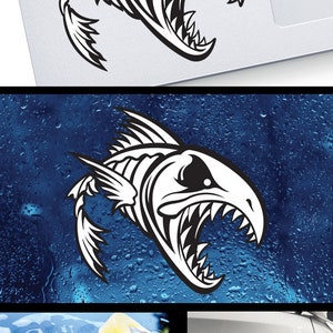 Angry Fish On Bone Skull Skeleton Decal – Fishing Boat Lure Sticker – Endangered Brand