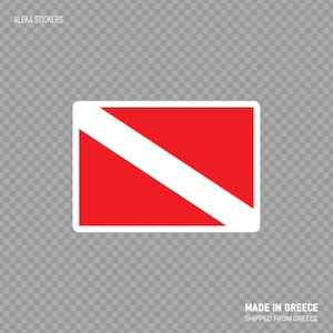 May include: A red and white diver down flag sticker. The flag is a diagonal white stripe on a red background.