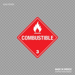 Op de afbeelding: Rode ruitvormige waarschuwingssticker met een wit vlam symbool en de tekst "COMBUSTIBLE 3".