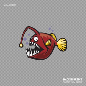 Peut inclure: Un poisson-pêcheur rouge avec une grande bouche et des dents acérées, une longue antenne fine et des nageoires jaunes. Le poisson est de style cartoon et a une expression surprise.