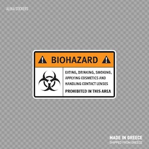 Könnte beinhalten: Orange-schwarzer Biohazard-Warnhinweis mit einem Biohazard-Symbol und dem Text "BIOHAZARD" in Fettdruck. Der Aufkleber enthält auch den Text "ESSEN, TRINKEN, RAUCHEN, ANWENDUNG VON KOSMETIKA UND HANDHABUNG VON KONTAKTLINSEN IN DIESEM BEREICH VERBOTEN".