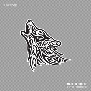 May include: Black and white tribal wolf head sticker. The wolf is howling with its mouth open and its head tilted back. The sticker is made in Greece and shipped from Greece.