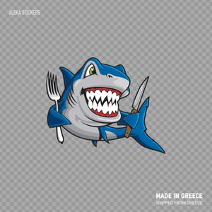 Sticker sticker blauwe haai hongerig restaurant decoratie aanval grappig teken glimlach vork n mes ZZ724