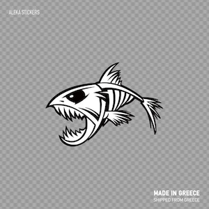 Sticker autocollant squelette, arêtes de poisson, crâne noir et blanc décoration de poissonnerie pêche pêcheur lac océan eau de mer sous-marin XRX66