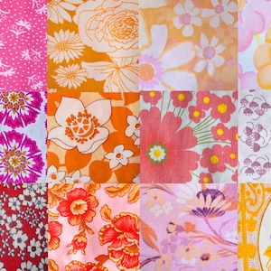 12/100 Vintage Patchwork Scraps Flower Power, 70er Blumenstoffe, Rosa Pink Orange Gelb, Quadrate 15cm, Hippie Quilt Charm Pack, FAT QUARTERS