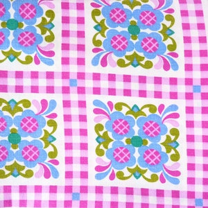 70s farmer&#39;s fabric Heidi Alpen check pattern fabric pink white blue hippie flowers checks flower power cotton checked DIY farmhouse quilt 60s 70s