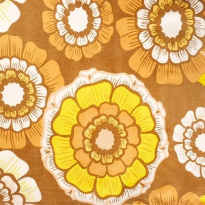 Tessuto floreale vintage Zinnia Marigold, tessuto hippie con fiori di calendula beige marrone, giallo arancione bianco, sogno messicano, materiale per trapunte fai da te