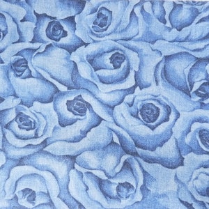 Vintage 70s 80s rose fabric, faded denim blue, hippie jeans color flowers, denim-like blue fabric, boho floral fabric for DIY quilt sewing