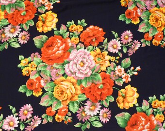 Tessuto floreale vintage anni '70, elastico, nero, arancione, multicolore; Flower Power anni '60/'70; tessuto floreale boho elastico, in fibra sintetica, anni Settanta