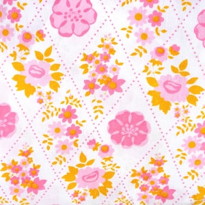 50s 60s farmer&#39;s fabric, vintage cherry blossom floral fabric pink ochre diamonds, 50s flower medallions shabby-chic country house style fabric