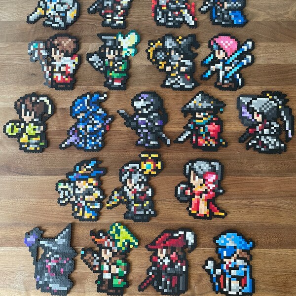 Final Fantasy XIV Job Classes: Perler Bead Sprites - Paladin, Warrior, White Mage, Scholar, Monk, Dragoon, Ninja, Black Mage, Summoner, etc.