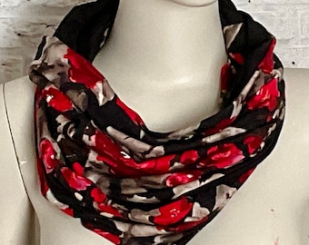 Loop scarf, infinity scarf with red flower, round scarf, black, red, collar, scarf, infinity scarf