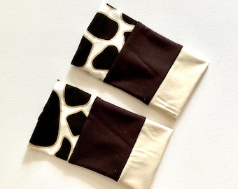 Short arm warmers with animal print pattern, brown, cream, beige, reversible, giraffe animal print jersey wrist warmers.
