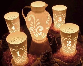 ÄppelAdvent, Frankfurter Adventskranz, Weihnachten Deko, Geschenk für Apfelweinliebhaber, 1 Bembel Licht und 4 Gerippte Lichter, excl. Glas