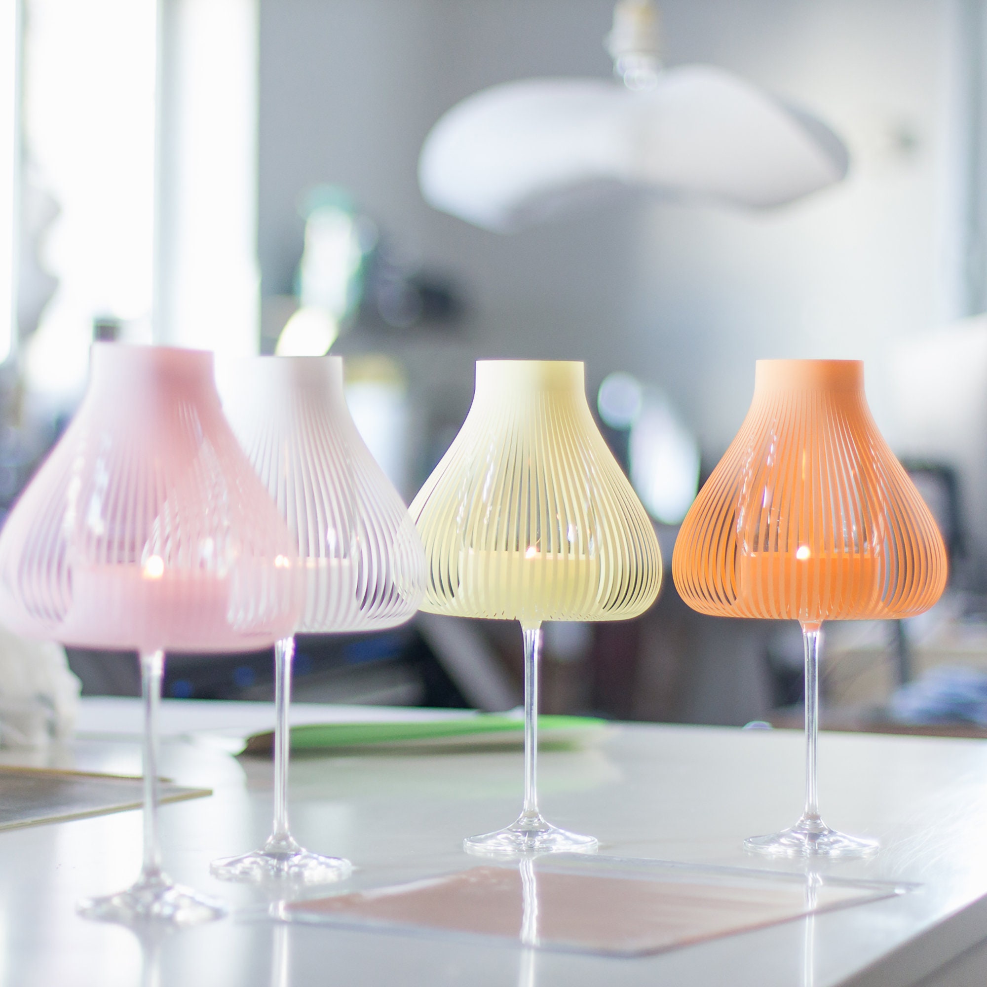 Miss Molly Set of 4 pastel mix, Lamp shades for wine glasses, tea light table lamp, candle holder, easter party garden decoration