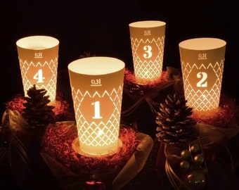 Geripptes Licht 4er Set weiß, Frankfurter Adventskranz, Weihnachten Deko für Apfelweinliebhaber, Geschenk aus Hessen, excl. Glas