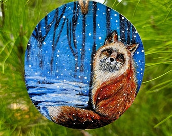 Winter Fox hand painted wood slice,  Snowy Forest Scene, Fox Art Wildlife, Christmas tree hanging ornament, Rustic Farmhouse decor fox lover
