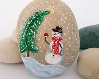 Snowman Original Hand painting, Snowman rock, Snowman gift, New Year home Decor, Christmas ornament, snow scene, Personalized Xmas Gift