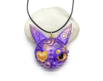 Steampunk Cat Necklace for Women, Purple Cat Pendant, Unique Vet Gift, Lovely Cat, Steampunk Necklace, Veterinarian Gift, CatLoversWorld