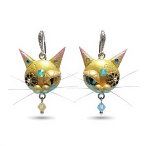Steampunk Cat Earrings: Gold Kitty Faces with Aqua Crystals
