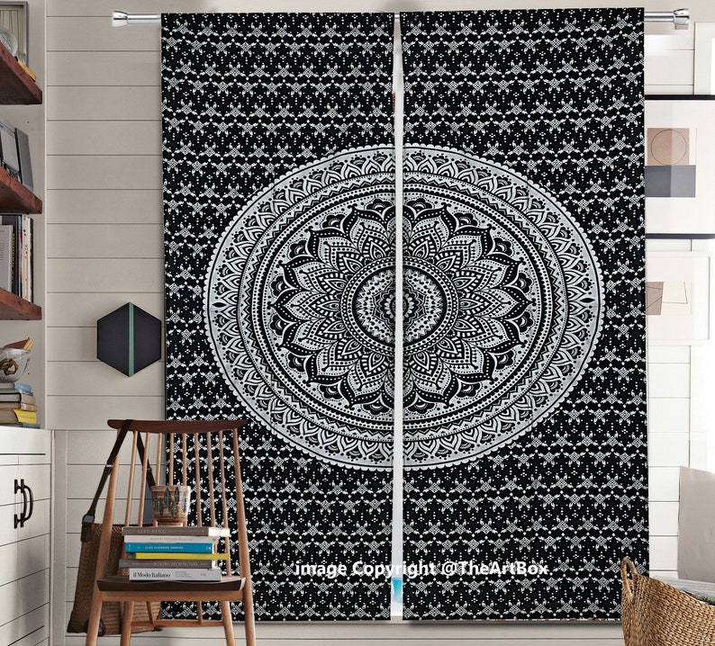 Boho Room Decor Curtains Black White Ombre Mandala Window Etsy