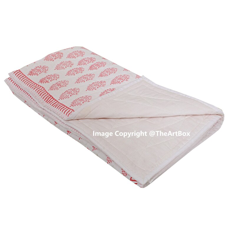 Indian Hand Block Print Kantha Baby Quilt Pink Floral Print Kantha Baby Blanket Kantha Throw Cotton Quilt