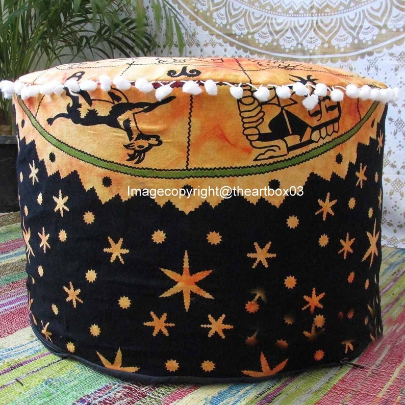 Indian Zodiac Handmade Living Room Decor Pouffe Bohemian Vintage Seating Chair Stool Cotton Floor Pillow Footstool Pouf Ottoman 12x24 Inch