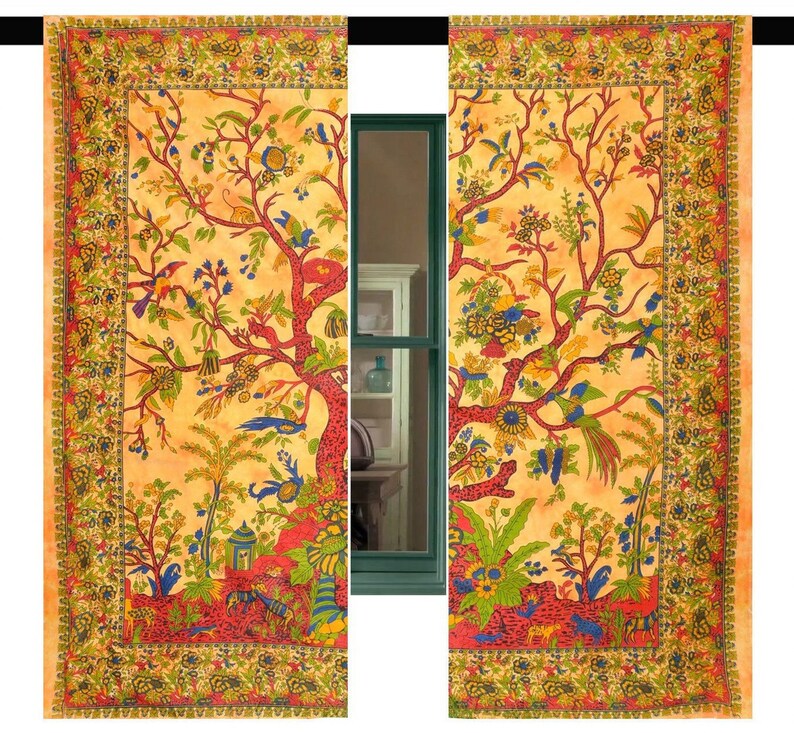 Window Curtains Indian Tree Of Life Window Curtains Orange Etsy