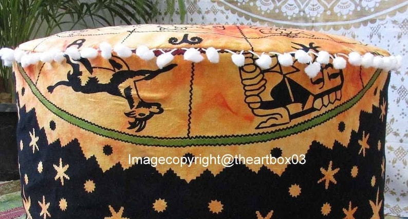Indian Zodiac Handmade Living Room Decor Pouffe Bohemian Vintage Seating Chair Stool Cotton Floor Pillow Footstool Pouf Ottoman 12x24 Inch