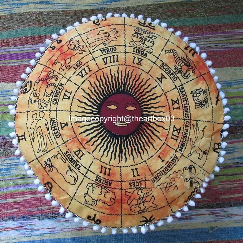 Indian Zodiac Handmade Living Room Decor Pouffe Bohemian Vintage Seating Chair Stool Cotton Floor Pillow Footstool Pouf Ottoman 12x24 Inch