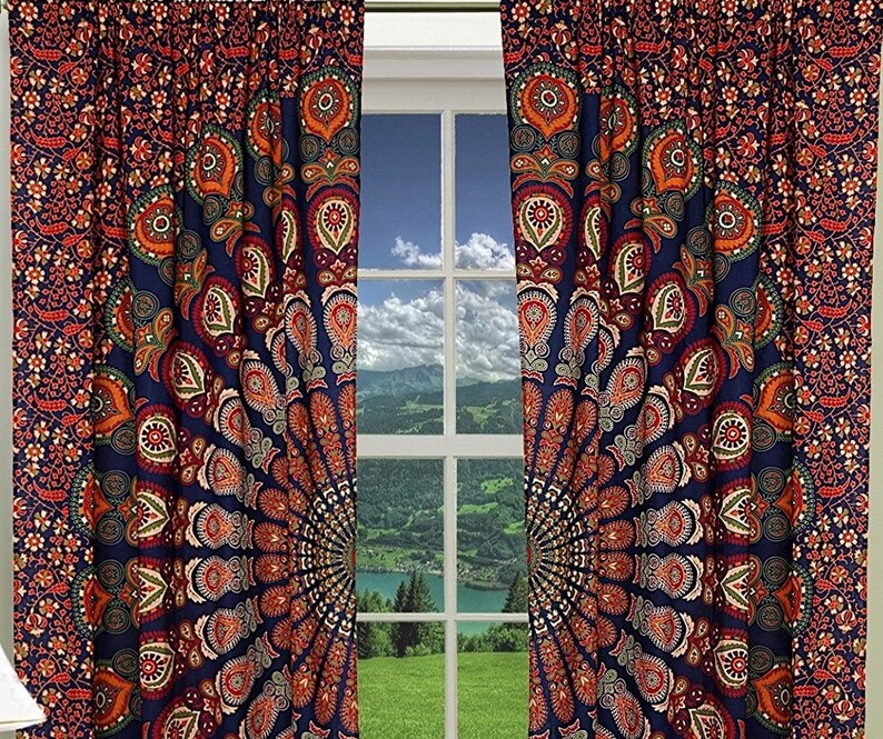 Peacock Indian Mandala Boho Hippie Cotton Window Door Curtains Drapes Wall Decor Peacock Indian Mandala Boho Hippie Cotton Window Door Curtains Drapes Wall Decor
