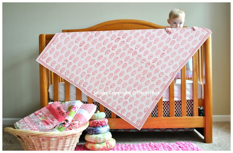Indian Hand Block Print Kantha Baby Quilt Pink Floral Print Kantha Baby Blanket Kantha Throw Cotton Quilt