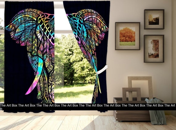 Indian Tie Dye Multi Elephant Curtain Set Bohemian Dorm Room Window Hanging Tapestry Curtain Set Large Elephant Window Treatment Drapes
