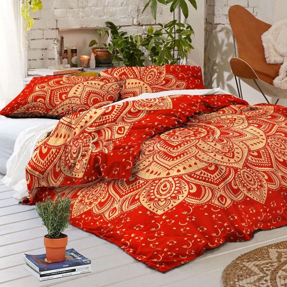 Red Gold Natural Dyed Lotus Flower Ombre Duvet Cover Boho Etsy