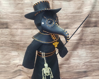 Handmade 18 inch Plague Doctor Doll -  with Leather Mask, Hat,Cape,and Belt (Black with Orange stitching)