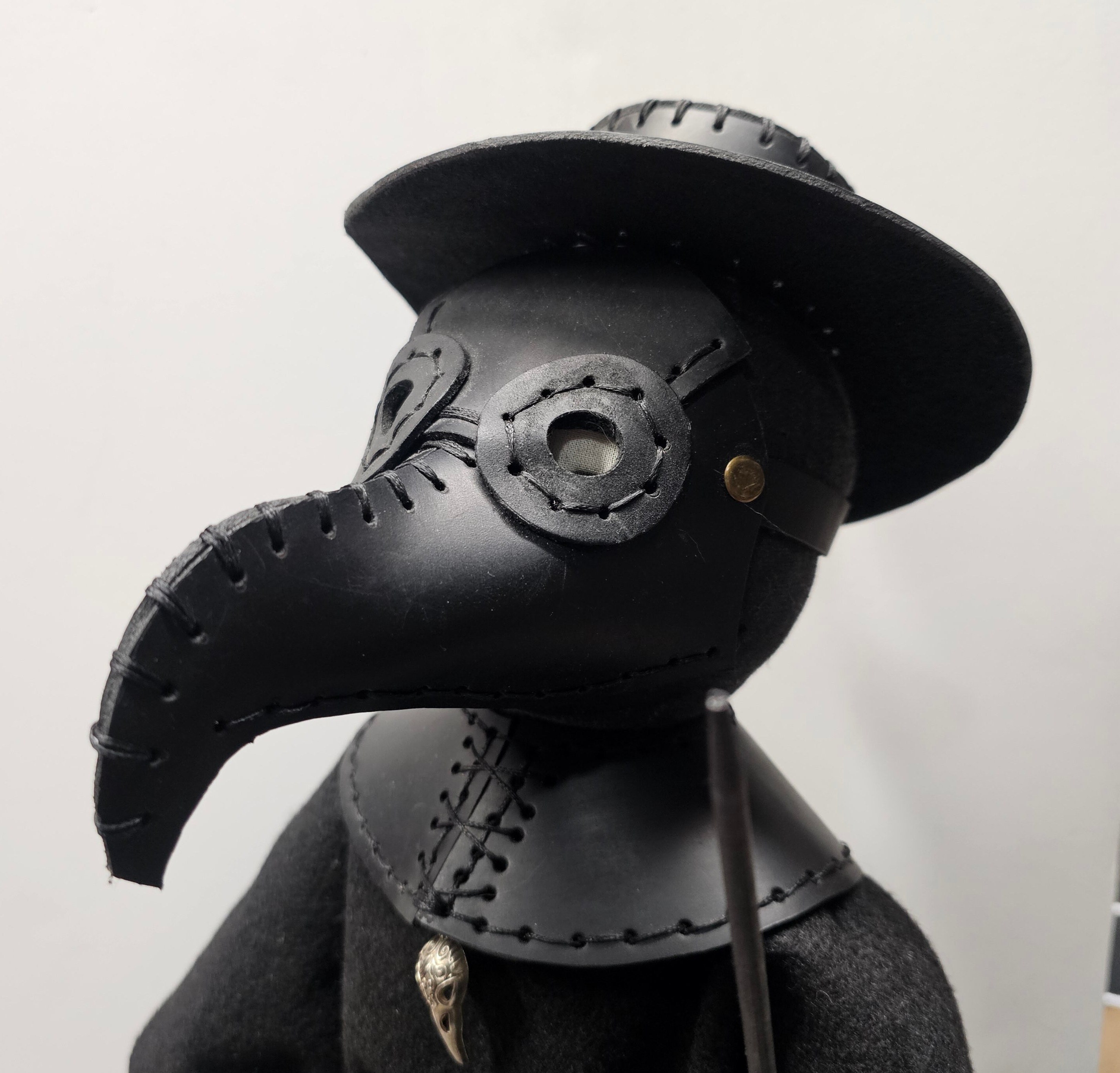 Handmade 18 inch Plague Doctor Doll -  with Leather Mask, Hat,Cape,and Belt(Black with Black stitching)