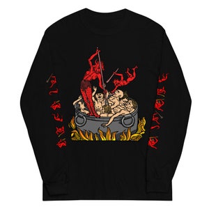 May include: Black long-sleeve shirt featuring a graphic illustration of a devilish scene. A red devil figure stands over a cauldron filled with people, with flames at the bottom. Red devil figures are also printed on the sleeves.