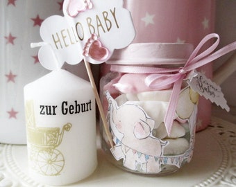 sugar-sweet baby shower - set / candle + candy - glass / baby / baby shower / gift set / GIRL / girl / pink / for birth / gift