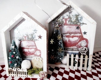 weihnachtliches Dekoset / 3D Motive / MERRY CHRISTMAS / Holzhäuser / Bilderset / passend zu GreenGate