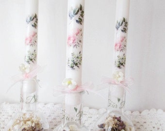 romantic candle set BLOSSOM LOVE / 3 candles in a glass / stick candles / glass bottles / flowers / nostalgia