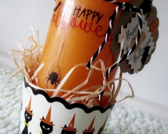 gruselige Kerze HAPPY HALLOWEEN / Stumpenkerze / Halloweenparty / Party / Gespenst / Kürbis