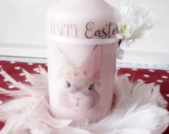 romantic Easter set HAPPY EASTER / Easter candle in a feather wreath in pastel - rose / Easter / table decoration / scented candle