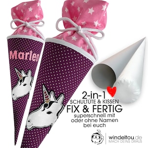 Schultüte 70 cm, EINHORN, mit oder ohne Namen, lila, personalisierbar, inkl. Papprohling als Schultütenkissen weiter nutzbar