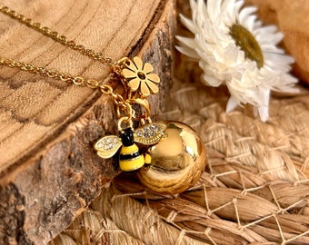 Prächtige und zarte Schwangerschafts-Bola – Umstandshalskette für ein schönes Geschenk – goldener Käfig mit integrierter Glocke, nicht sichtbar – Bienen-Anhänger