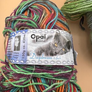 May include: A colorful ball of Opal Daydream 6-fach yarn. The yarn is a mix of green, purple, orange, and teal. The label features a gray cat and the text "Daydream 6-fach". The ball weighs 150g and is approximately 420m.